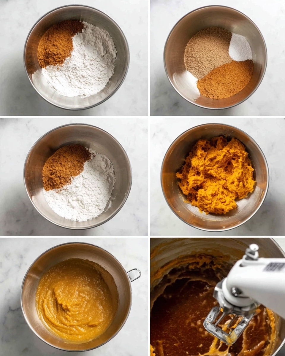 A collage of six photos shows different stages of mixing ingredients in a stainless steel bowl on a white marbled surface. The first image shows three separate dry layers of ingredients on top of each other: a white powdery layer on the bottom, a medium brown layer in the middle, and a darker brown layer on top. The second image has a similar bowl with a mostly white powdery layer and a medium brown powder in the center. The third image shows a combination of a white powdery layer on the left and an orange mashed layer on the right. The fourth photo has a white powdery layer on the right half with a smooth golden brown liquid on the left half. The fifth image shows a thick dark brown liquid with an orange mash and white powder layered on top. The last photo shows the ingredients blended into a single smooth orange batter inside the bowl, with a mixer blade in the middle. photo taken with an iphone --ar 4:5 --v 7