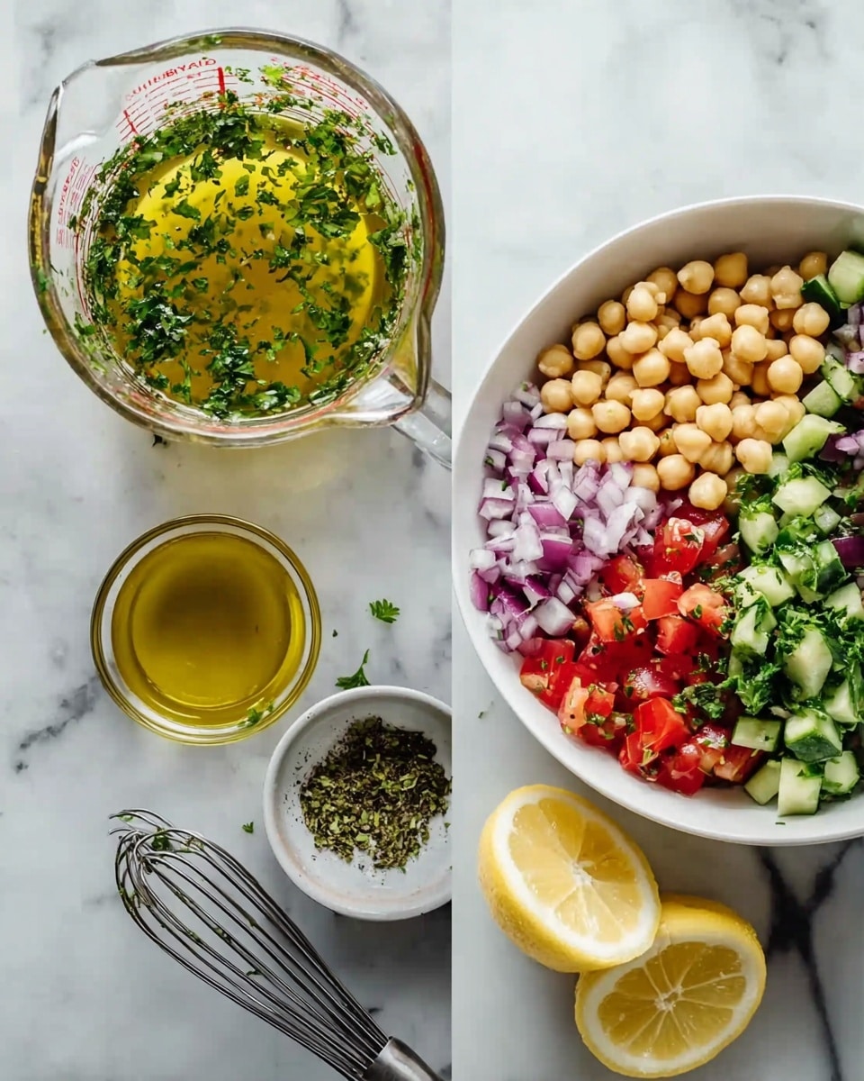 The image shows two parts: on the left, a clear glass measuring cup filled with a yellow liquid mixed with green herbs floating on the surface, placed on a white marbled surface alongside a small clear bowl of olive oil and a silver whisk. On the right, a white bowl contains five sections of evenly chopped ingredients – beige chickpeas, finely chopped red onion, diced red tomatoes with herbs, chopped green cucumber with herbs, and fresh chopped green parsley, with two lemon halves placed beside the bowl on the white marbled surface. Photo taken with an iphone --ar 4:5 --v 7