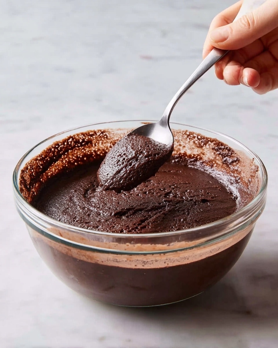 A clear glass bowl sits on a white marbled surface filled with thick, dark brown chocolate batter that looks smooth and slightly bubbly on the top layer. A silver spoon is scooping some of the batter, showing a moist, dense texture with fine air holes. A woman's hand holds the spoon from the upper right corner, gently lifting the batter. The bowl is round, and the rim is visible with some batter stuck near the edges. photo taken with an iphone --ar 4:5 --v 7