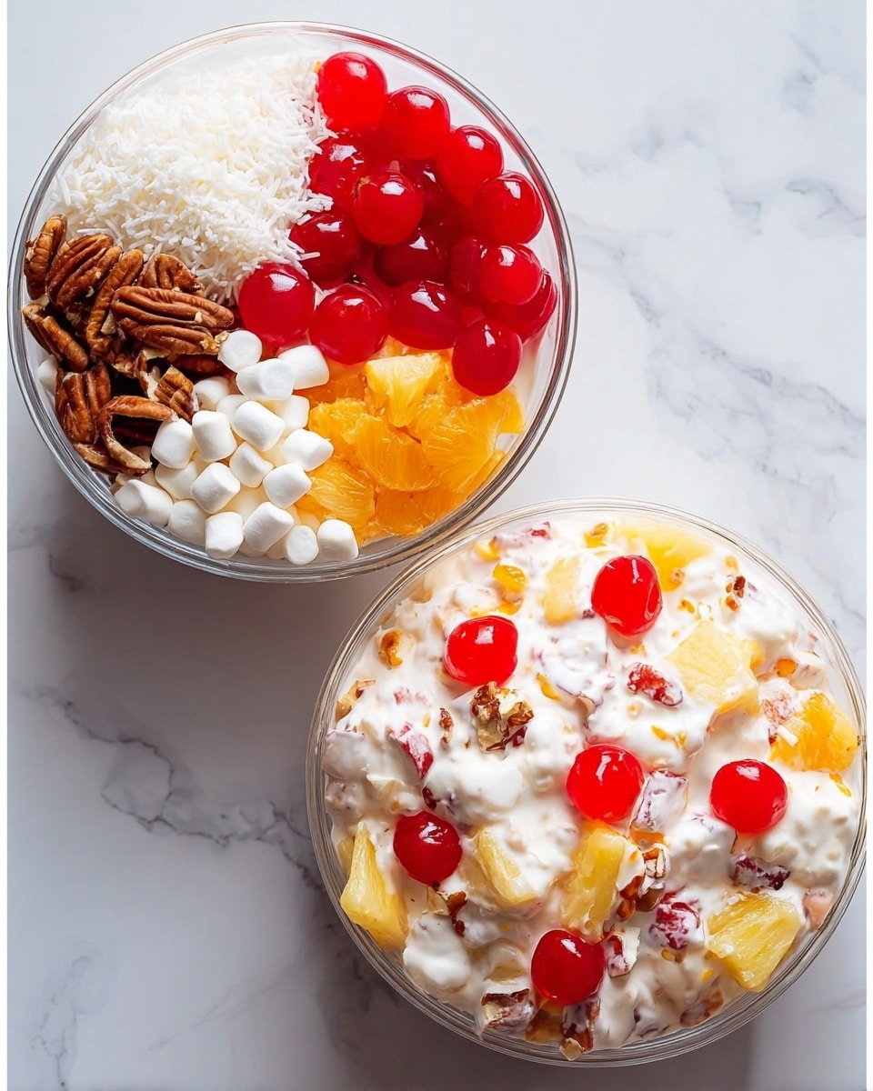 The image shows two clear glass bowls on a white marbled surface. The bowl on the left contains separate layers of ingredients arranged in sections: bright red cherries at the top, creamy white yogurt next to them, small brown pecans, fine white coconut flakes, tiny white marshmallows, and pieces of yellow and orange fruits including pineapple and mandarin oranges. The bowl on the right shows the same ingredients mixed together into a creamy salad with a white mixture coated around small pieces of fruit and nuts, topped with whole bright red cherries scattered on top. Photo taken with an iphone --ar 4:5 --v 7