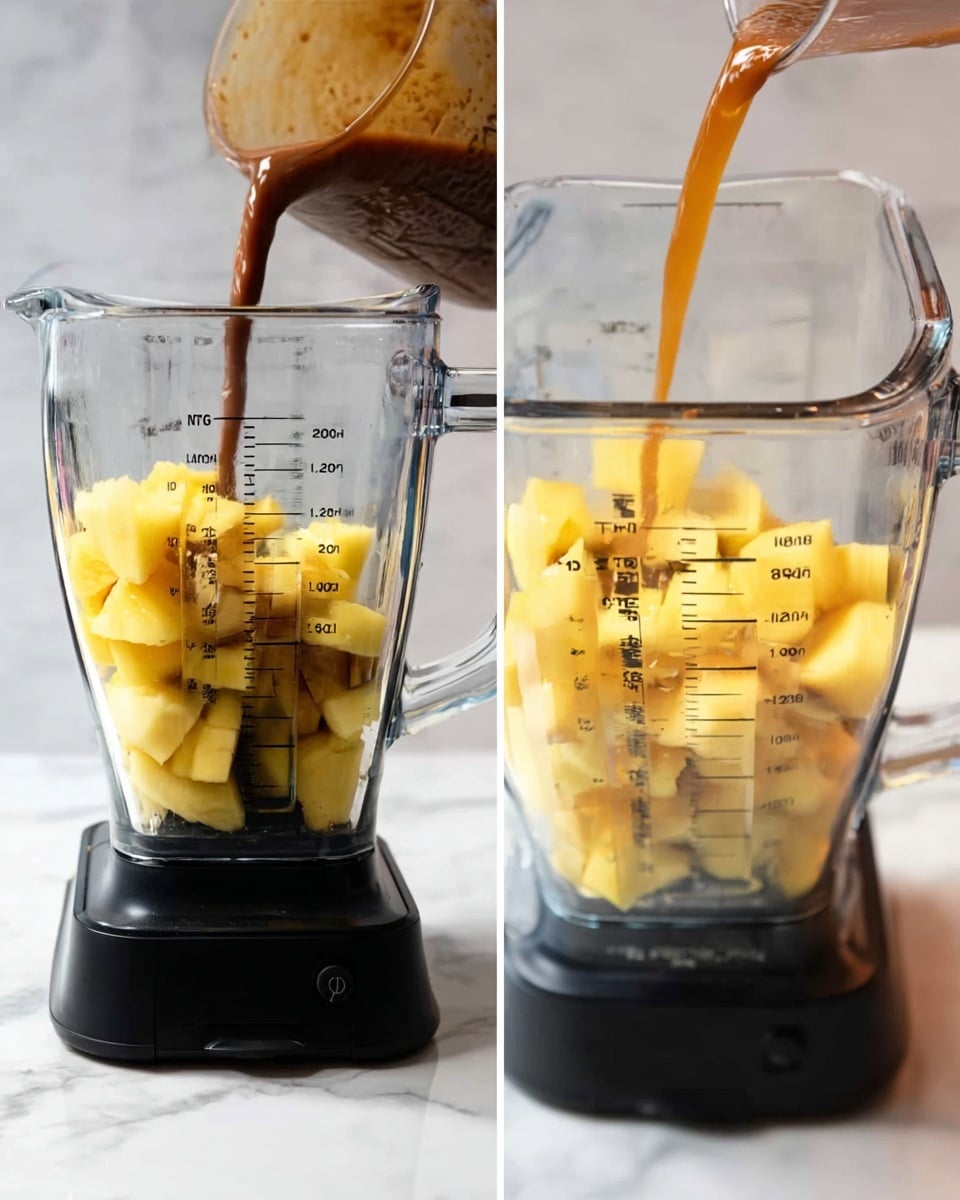 The image shows a clear blender jar with black blades inside. The jar is filled with small, yellow chunks of fruit that fill about halfway up. There are clear measurement markings on the jar, showing liquid levels in liters and milliliters. Next, a brown liquid is being poured from a clear measuring cup into the blender, mixing with the fruit chunks. The blender is placed on a surface with a white marbled texture. The scene focuses on the ingredients before blending. photo taken with an iphone --ar 4:5 --v 7