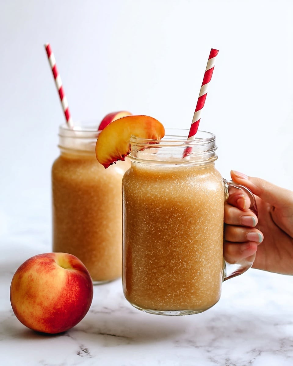 The image shows two clear glass mason jars filled with a thick, light brown peach smoothie with a slightly grainy texture. Each jar has a red and white striped straw sticking out. One jar is held by a woman's hand gripping the handle on the right side, and it is garnished with a fresh peach slice placed on the rim. The other jar stands on a white marbled surface in the background. In front of the jars, there is a whole ripe peach with orange, yellow, and red skin. The background is clean white. Photo taken with an iphone --ar 4:5 --v 7