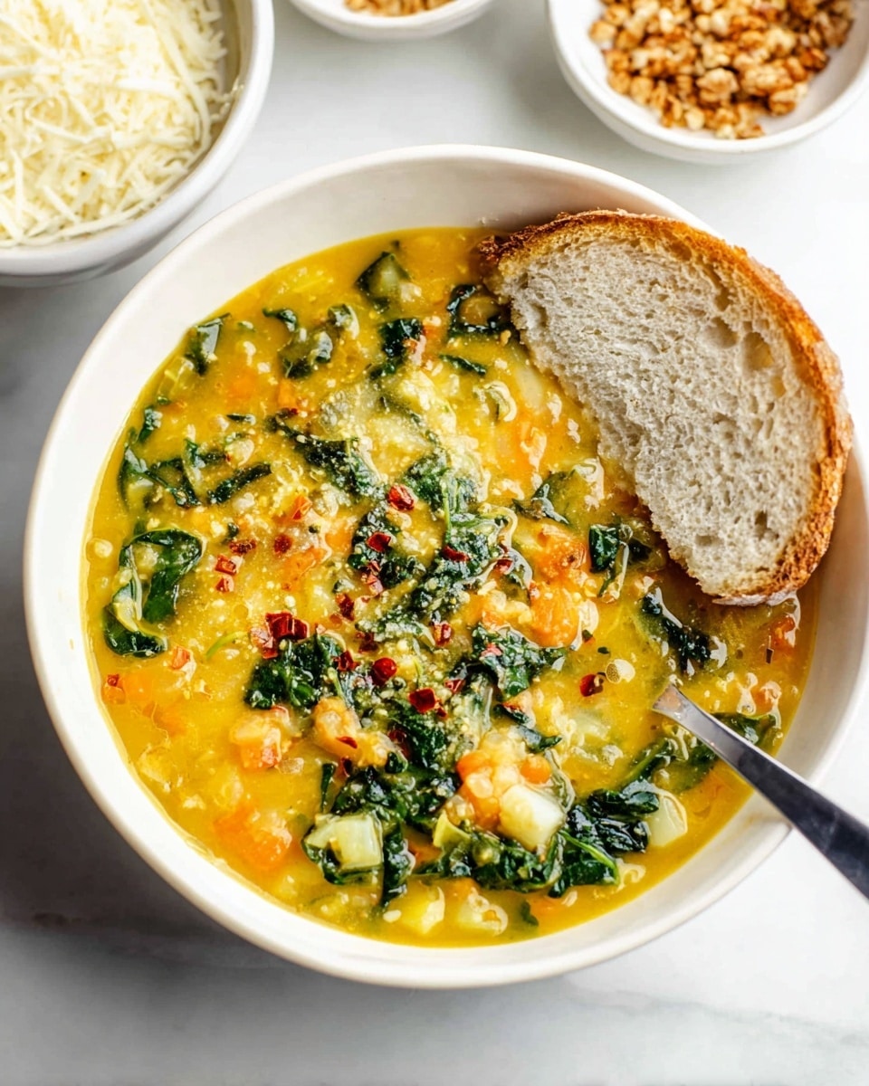 A white bowl filled with thick yellow soup that has pieces of green leafy vegetables and small chunks of orange and white ingredients mixed throughout. There are small red flakes sprinkled on top. A slice of pale bread with a rough texture is placed partially in the soup on the right side. A silver spoon rests inside the bowl on the right. In the background, two small white bowls hold shredded white cheese and a crumbled brown topping. The bowls and soup sit on a white marbled surface. Photo taken with an iphone --ar 4:5 --v 7