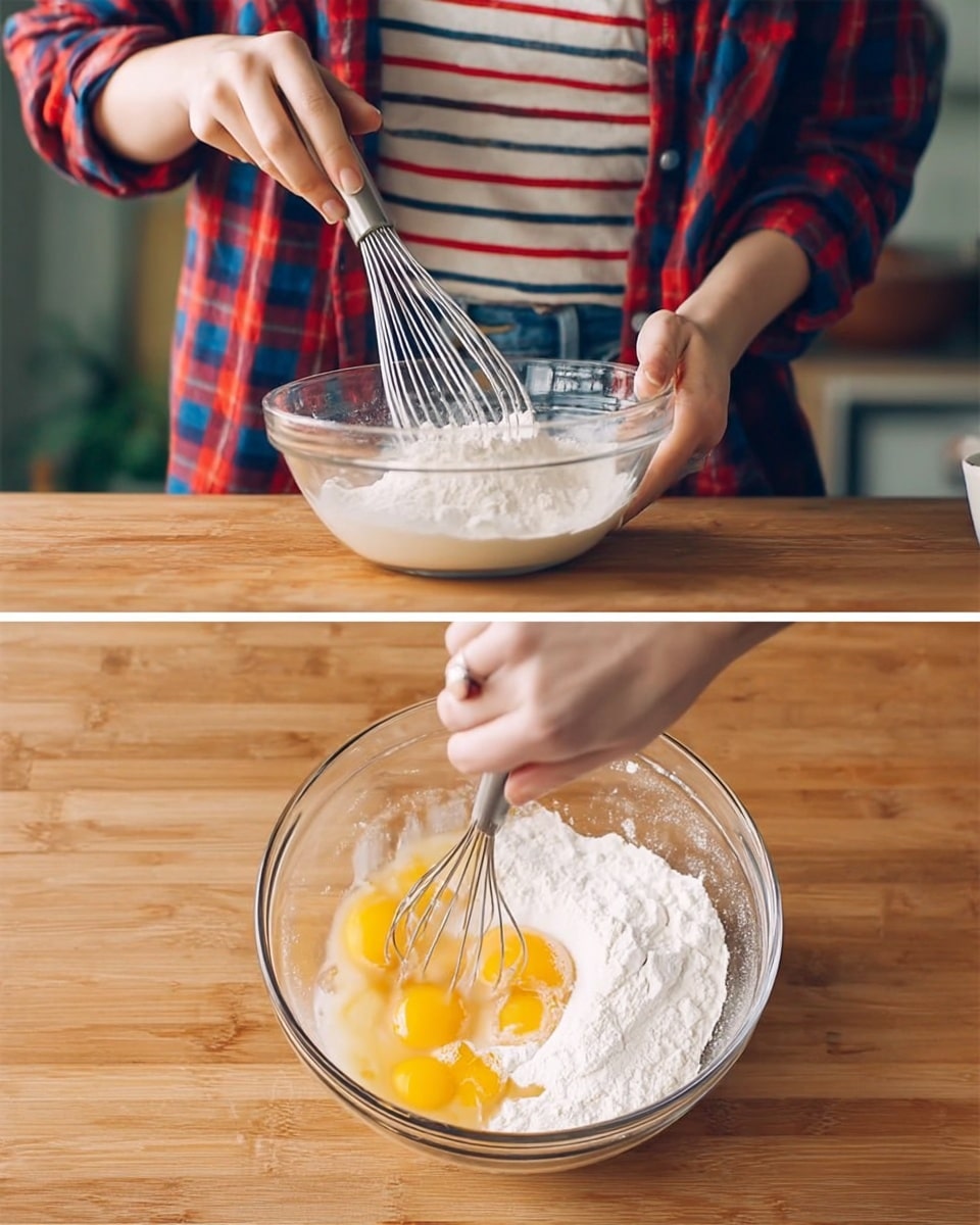 The left image shows a person with a red and blue plaid shirt over a striped t-shirt whisking white powdery ingredients in a clear glass bowl placed on a wooden surface, while the right image shows a woman's hand whisking egg yolks with white powder in a clear glass bowl on the same wooden surface, both images focusing closely on the mixing action and bowls. photo taken with an iphone --ar 4:5 --v 7