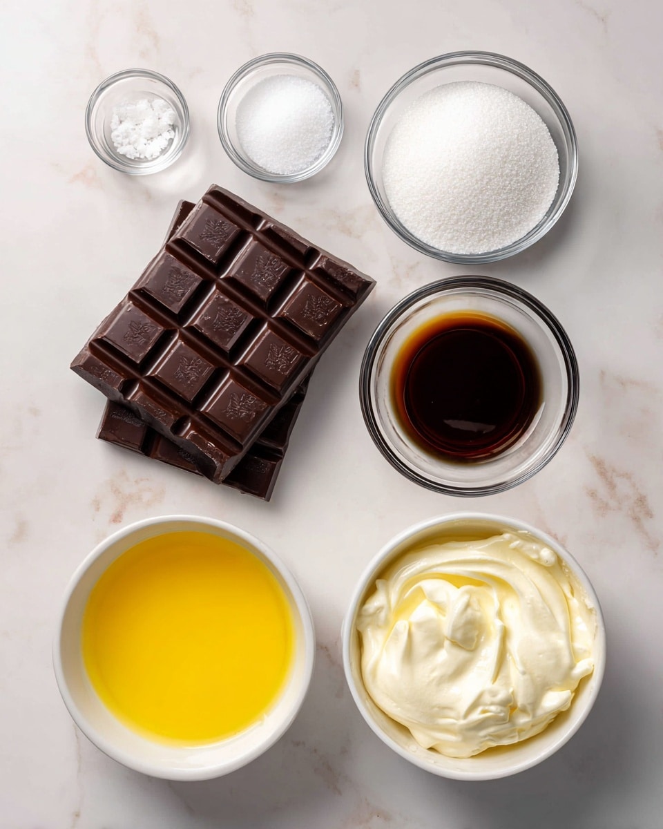 The image shows six ingredients arranged neatly on a white marbled surface. At the center left are three stacked bars of dark chocolate with a shiny, smooth texture and grid pattern. Above them, two small clear glass bowls hold white salt crystals on the left and dark brown vanilla extract on the right. Above to the right, a large clear glass bowl filled with granulated white sugar sits. Below the sugar, a clear glass bowl contains bright yellow egg whites with a glossy, liquid texture. At the bottom right, a white bowl holds creamy off-white heavy cream with a smooth surface. Each ingredient is labeled with clear black text on a white background. Photo taken with an iphone --ar 4:5 --v 7