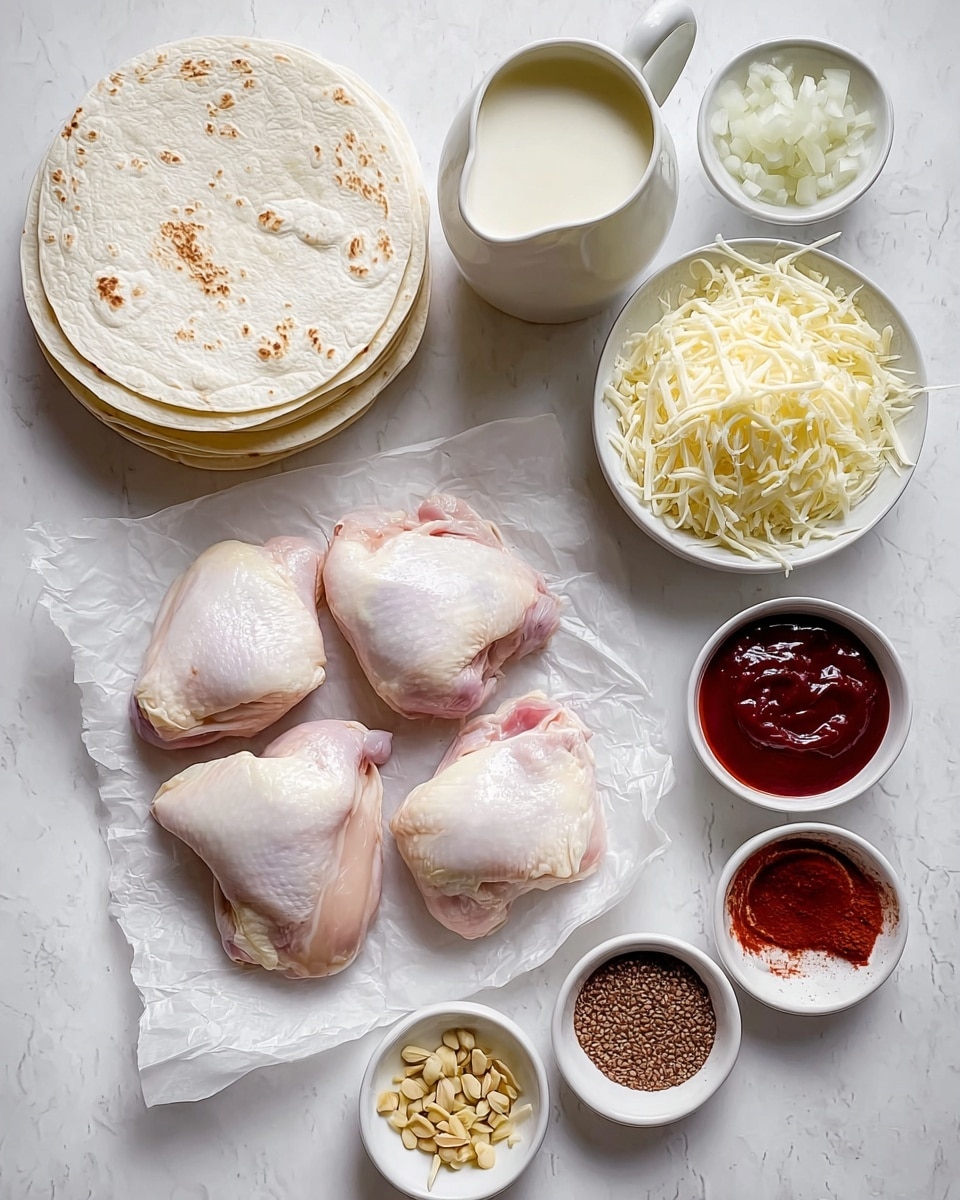 The image shows three pale raw chicken thighs placed on a crumpled white paper in the center of a white marbled surface. Surrounding them are two stacks of white tortillas, one on the bottom left and the other above it. On the top left is a white pitcher filled with smooth white sauce, next to a small white bowl with chopped white onions. Near the top right side, a white bowl is heaped with shredded white cheese. Around the bottom right are several small white bowls containing different seasonings and ingredients: a dark red sauce in one, chopped light yellow nuts in another, fine white powder, bright red spice, and brown seeds in three separate bowls. The whole scene is neatly arranged and evenly lit, photo taken with an iphone --ar 4:5 --v 7