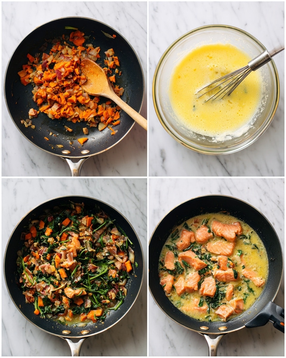 The image shows a sequence of four cooking stages on a white marbled surface. In the first image, a black pan contains small orange vegetable pieces and small bits of cooked onion, with a light wood spoon resting inside the pan. The second image shows the same pan filled with the orange vegetable pieces, scattered green leafy strips, and larger pinkish-orange cooked fish chunks. The third image is a clear glass bowl with a pale yellow egg mix, slightly frothy, with a silver whisk resting inside. In the fourth image, the black pan is filled with the combined egg mixture, orange vegetables, green leafy strips, and pinkish-orange fish in a liquid state. The scene is well lit and clear, photo taken with an iphone --ar 4:5 --v 7