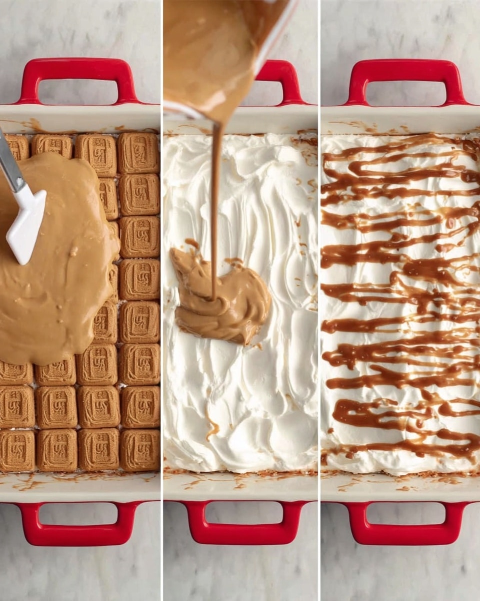The image shows three steps of making a dessert in a white dish with red handles on a white marbled surface. The first step has a layer of square cinnamon biscuits arranged tightly together, with a thick light brown sauce being poured over them. The second step shows a thick, fluffy white cream being spread smoothly on top of the biscuit and sauce layer. The third step shows the cream layer decorated with thin streams of darker brown sauce drizzled loosely and unevenly over the top, creating a striped pattern. A woman's hand holding a spatula is visible in the second step spreading the cream. Photo taken with an iphone --ar 4:5 --v 7