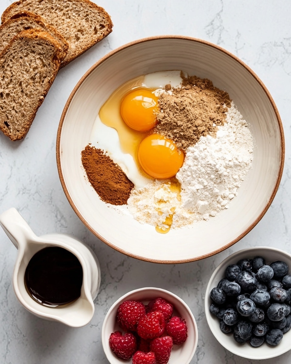 A white bowl with a brown rim holds a mix of ingredients: two whole raw eggs with bright orange yolks next to a pile of light beige flour, a mound of brown powder, a small pile of white salt, and a splash of golden liquid honey. The bowl sits on a white marbled texture surface. To the left of the bowl, there are two slices of light brown whole grain bread. Below the bread, there is a small white jug filled with dark syrup. To the right of the bowl, there are two small white bowls, one filled with fresh red raspberries and the other filled with blueberries. Photo taken with an iphone --ar 4:5 --v 7