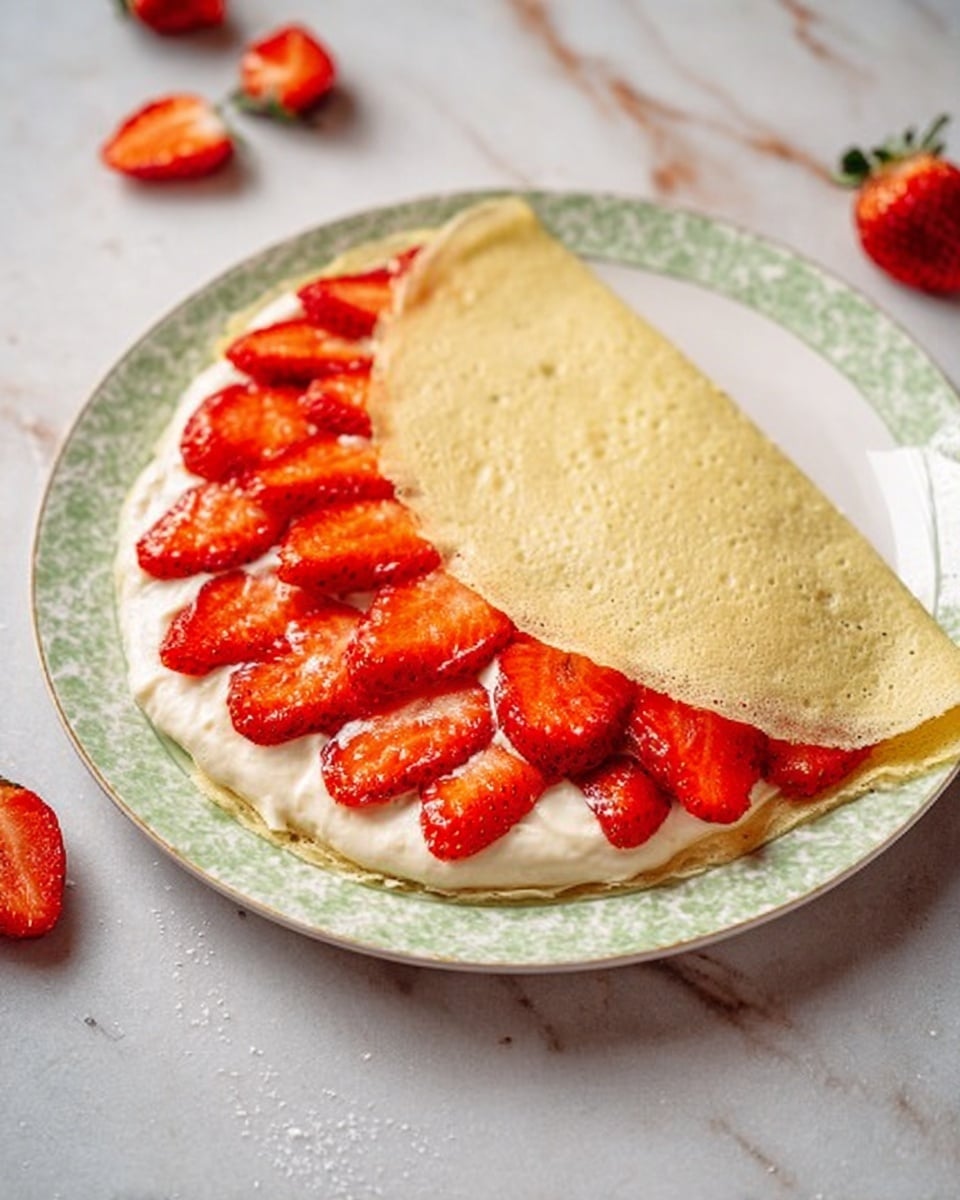 A white round plate with a light green patterned rim holds a thin, pale golden crepe folded halfway. The visible half of the crepe is flat, while the folded half shows a thick layer of white cream spread evenly beneath bright red strawberry slices arranged in rows. The strawberries are fresh with a glossy texture, and the plate sits on a white marbled surface with some scattered strawberry pieces nearby. Photo taken with an iphone --ar 4:5 --v 7