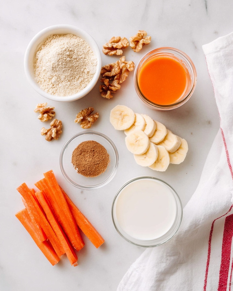 This image shows ingredients arranged on a white marbled surface. There is a small white bowl filled with light beige powder at the top left, next to a few crushed walnuts scattered slightly to the right. Beside the walnuts, there is a small glass jar filled with bright orange liquid. Below these, a small clear glass bowl contains a small pile of brown powder. To its right, there is a row of evenly sliced banana pieces laid out in a small curve. On the bottom left, orange carrot sticks are stacked neatly. At the bottom right corner, a small glass container is filled with white milk. A white cloth with red stripes is partially visible on the bottom right corner. Photo taken with an iphone --ar 4:5 --v 7