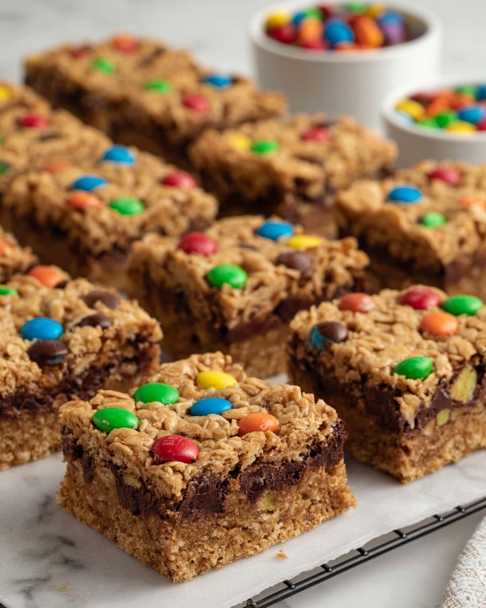 The image shows many square oat bars arranged in rows. Each bar has two layers: a thick, chewy light brown oat layer on top with colorful candy pieces in green, red, yellow, orange, and blue scattered throughout, and a darker, richer layer underneath that looks like chocolate or fudge. The bars have a crumbly texture, and all sit on a white marbled surface. In the background, two white bowls can be seen, one filled with colorful candies matching those inside the bars. photo taken with an iphone --ar 4:5 --v 7