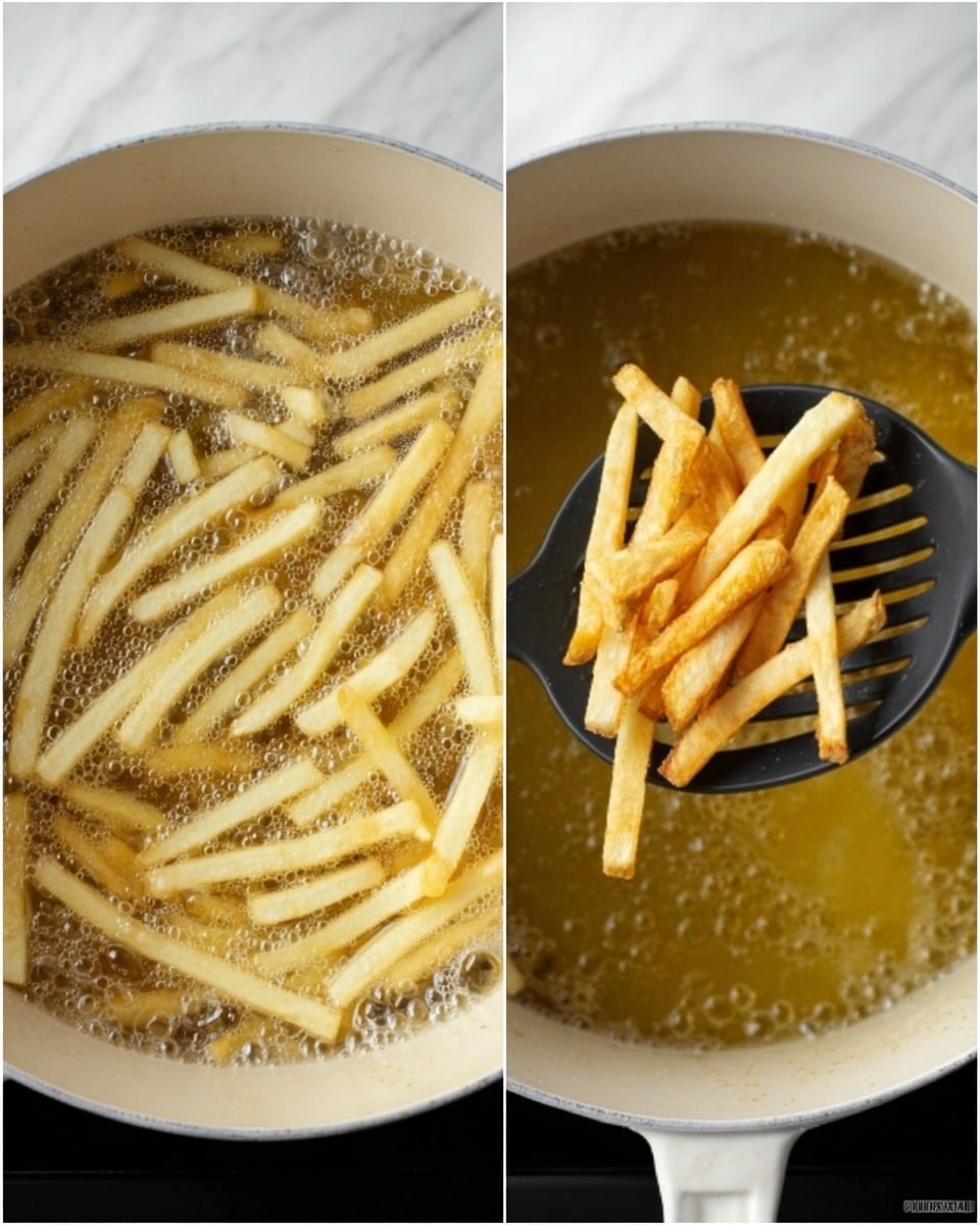 The image shows two side-by-side photos of french fries frying in a white pot filled with bubbling hot oil on top of a white marbled surface. In the left photo, the fries are raw and pale yellow, submerged in the oil with bubbles around them. In the right photo, a black slotted spoon is lifting up a small bunch of golden brown, crispy fries from the oil, showing their cooked texture and color. photo taken with an iphone --ar 4:5 --v 7