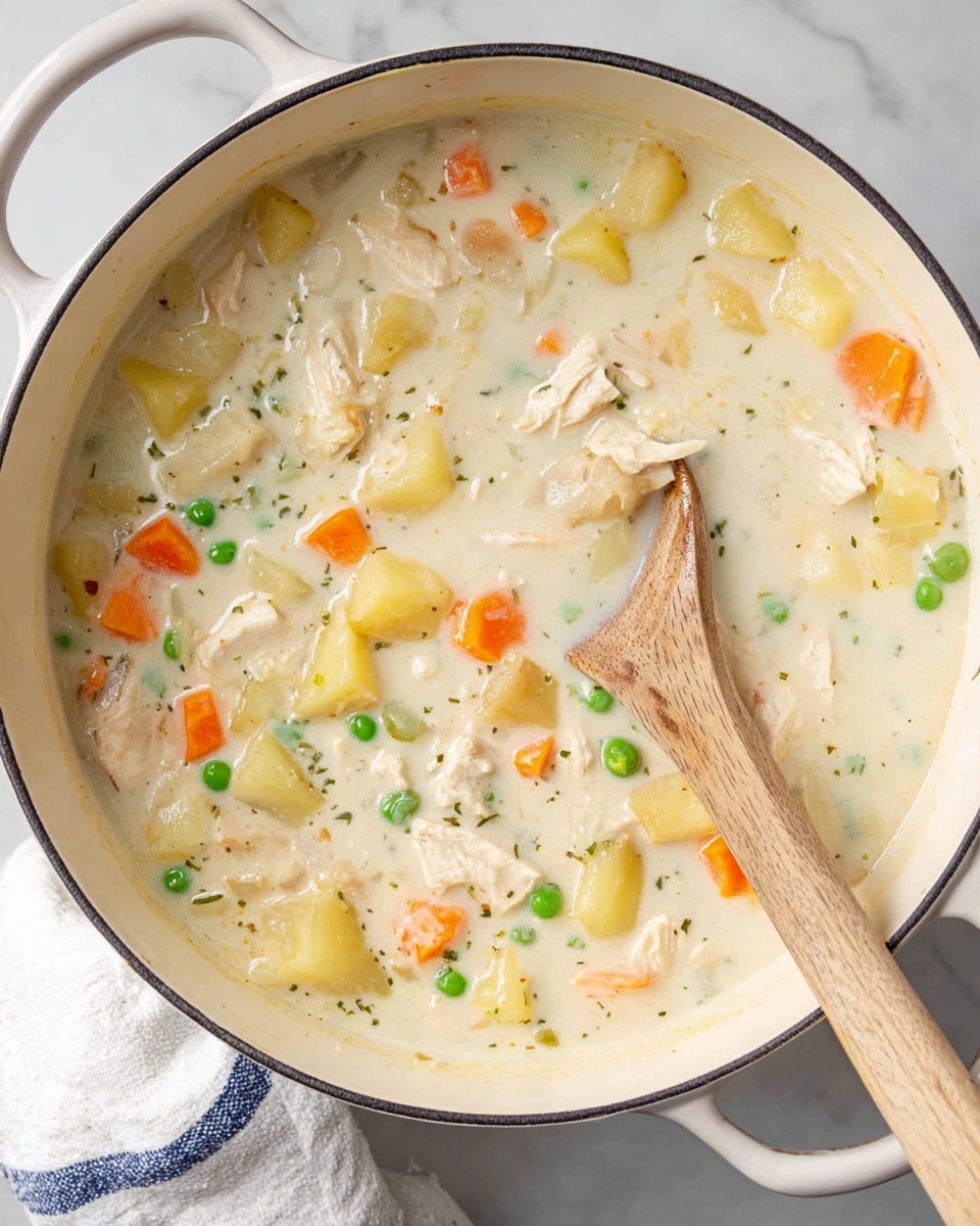 A white pot filled with creamy soup that has visible layers of soft white broth mixed with chunks of light beige chicken, bright orange carrot slices, small green peas, and pale yellow potato pieces. A wooden spoon is partly inside the pot, resting on the right side, blending softly with the creamy texture of the soup. The pot sits on a white marbled surface with a white cloth with blue stripes partly visible on the left side. Photo taken with an iphone --ar 4:5 --v 7