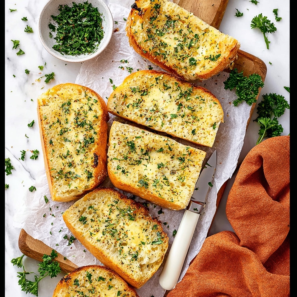 The image shows six slices of garlic bread, toasted golden brown, arranged on white parchment paper over a wooden board with a white marbled background. Each slice has a visible layer of melted garlic butter with chopped green parsley scattered on top, adding texture and color contrast. The bread has a crispy crust edge with a softer, buttery center that glistens under light. There is a white-handled knife next to the bread, and a small white bowl filled with finely chopped parsley sits nearby. A few sprigs of fresh parsley and scattered parsley leaves are also placed around the edges, along with an orange cloth on the right side. Photo taken with an iphone --ar 4:5 --v 7