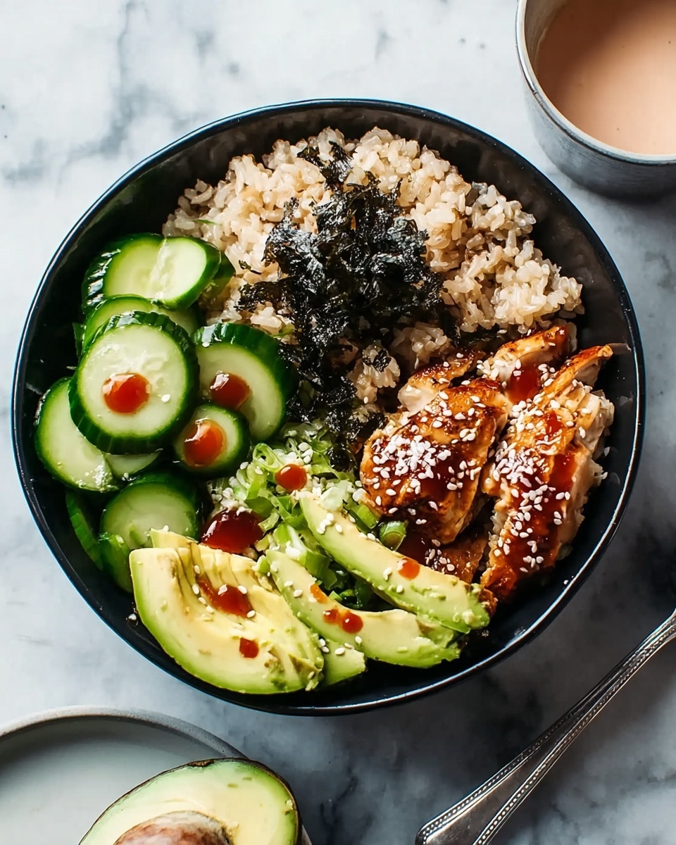 A bowl filled with four main parts arranged side by side: light brown cooked rice with bits of dark seaweed on top in the top left, bright green cucumber slices with small drops of red sauce on the bottom left, two halves of a bright green avocado with dark brown sauce drizzled over them in the top right, and a golden-brown cooked piece of poultry sprinkled with white sesame seeds on the bottom right. The bowl is black and placed on a white marbled surface with a small plate and spoon nearby. Photo taken with an iphone --ar 4:5 --v 7