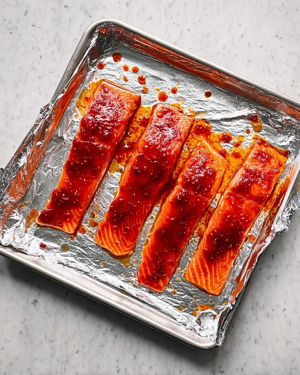 Four pieces of bright orange fish fillets lie on a silver foil-lined tray. Each fillet is coated with a shiny red sauce that glistens and has a slightly sticky texture, covering the top surface fully. The tray is placed on a white marbled surface with small drops of sauce scattered around the fillets. photo taken with an iphone --ar 4:5 --v 7