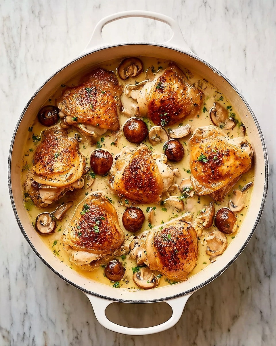 A white round pot with two handles contains seven cooked browned chicken pieces evenly spread out, each piece showing a crispy, seasoned golden skin. Small whole brown mushrooms are scattered between and around the chicken pieces, partially submerged in a creamy beige sauce with a smooth texture. The sauce has small green herb specks mixed throughout. The pot is placed on a white marbled surface. Photo taken with an iphone --ar 4:5 --v 7