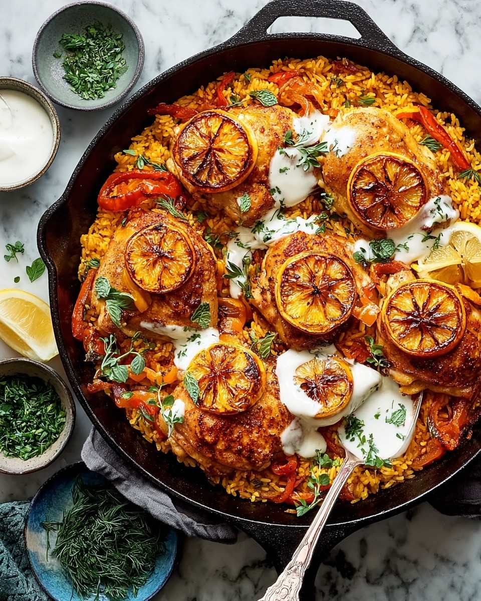 The dish shows a black cast iron skillet filled with five pieces of golden-brown cooked chicken, each topped with thin, round slices of caramelized lemon. The skillet base has yellow-orange rice mixed with bright red bell pepper slices. White sauce with green herbs is drizzled unevenly over the chicken and lemon slices. Small green herb leaves and sprigs are scattered on top, enhancing the colors. A silver spoon rests inside the skillet on the left side. Around the skillet, there are small gray bowls containing green herbs and white sauce, placed on a white marbled surface. photo taken with an iphone --ar 4:5 --v 7