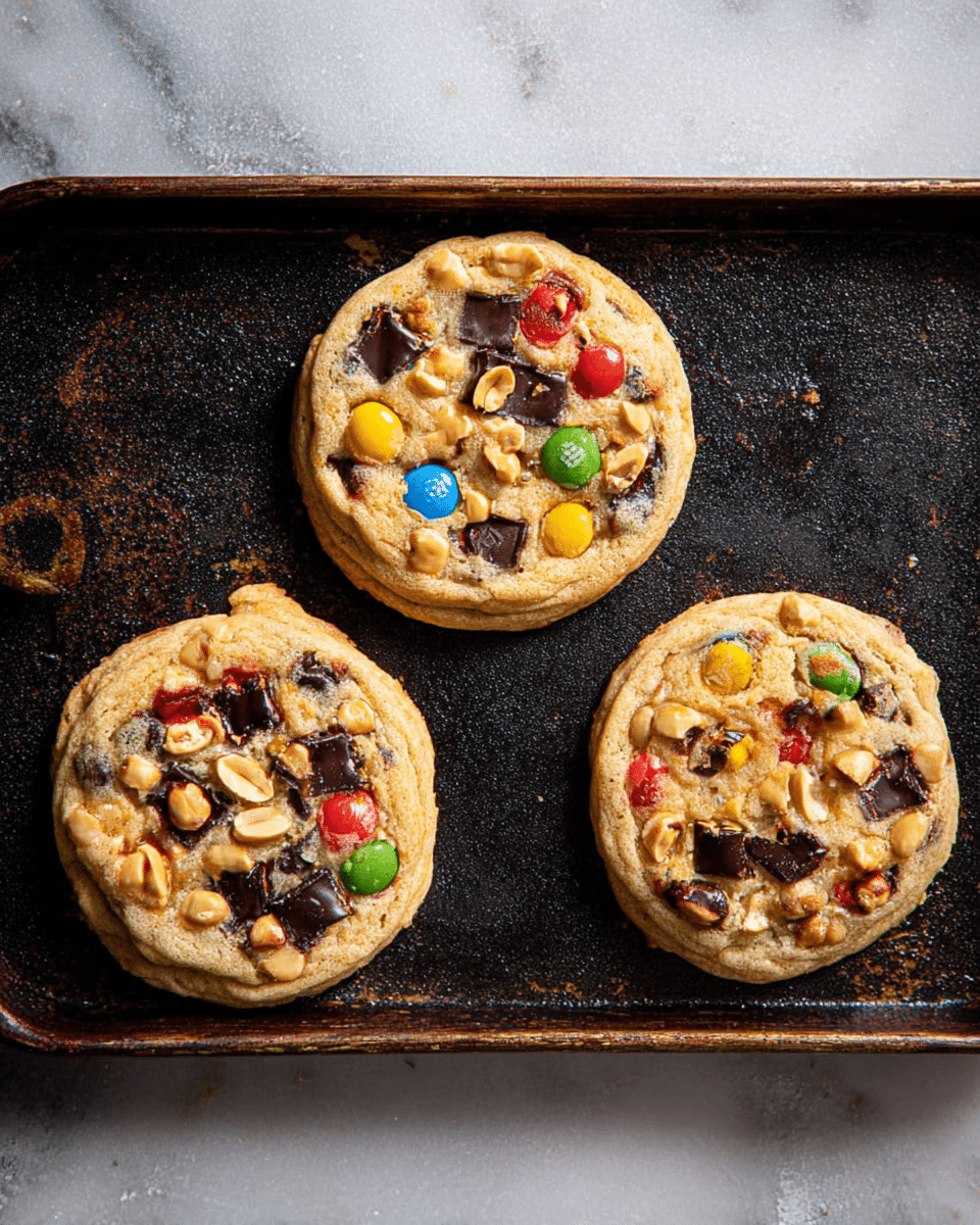 Three round cookies with a golden brown color sit spaced apart on a dark, rustic baking tray. Each cookie is decorated with colorful candy pieces in red, yellow, green, and blue, along with large peanut halves and dark chocolate chunks embedded on the surface. The tray rests on a white marbled surface, adding contrast to the warm tones of the cookies. The cookies have a slightly uneven texture, with some melted chocolate and nuts showing on the edges. photo taken with an iphone --ar 4:5 --v 7