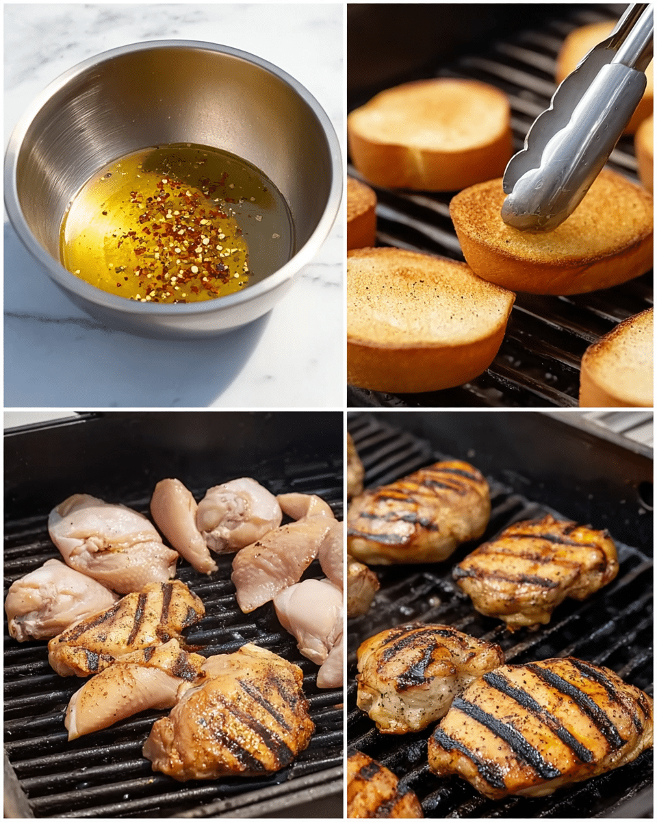 The image is divided into four sections showing the steps of grilling. The top left shows a silver mixing bowl on a white marbled surface with clear yellow oil seasoned with red and black pepper flakes inside. The top right shows golden toasted buns being picked up with silver tongs above a black grill; more buns are on the grill. The bottom left shows raw chicken pieces with light pink skin and some grill lines on a black grill. The bottom right shows the same chicken pieces now with dark brown grill marks and a more cooked golden-brown surface texture on the same black grill. photo taken with an iphone --ar 4:5 --v 7