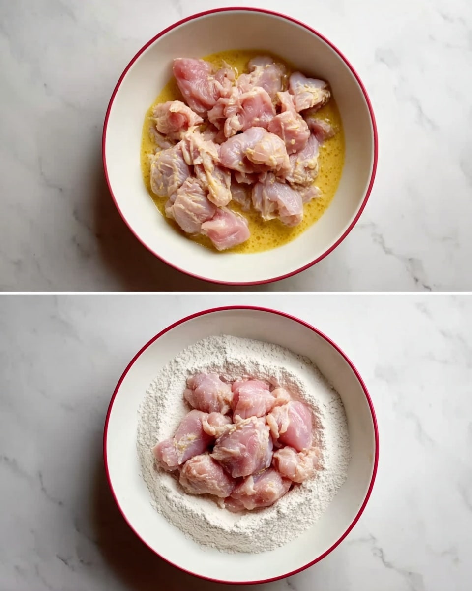 Two images stacked vertically show stages of preparing chicken pieces. The top image features a white bowl filled with raw pink chicken pieces coated in a yellow wet mixture, resting on a white marbled surface. The bottom image shows the same chicken pieces placed on a layer of white flour inside a white bowl with a red rim, also set on a white marbled surface. Photo taken with an iphone --ar 4:5 --v 7