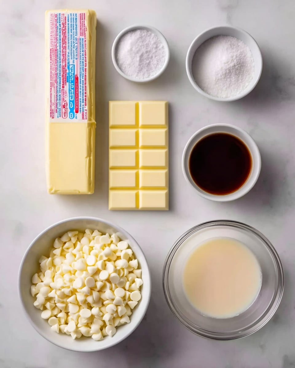 The image shows eight baking ingredients neatly arranged on a white marbled surface. At the top left is a stick of butter wrapped in yellow paper with blue and white text. To the right are three small white bowls: one with white powder (likely powdered sugar), one with white granulated sugar, and one with vanilla extract, dark brown and glossy. Below these, aligned in the center, is a large white block of white chocolate with rectangular segments. Next to it, at the bottom right, is a clear glass bowl filled with a pale cream liquid. Finally, at the bottom left, there is a white bowl full of white chocolate chips. Everything is evenly spaced with a clean, bright look, showing simple textures from powdery to smooth and liquid photo taken with an iphone --ar 4:5 --v 7