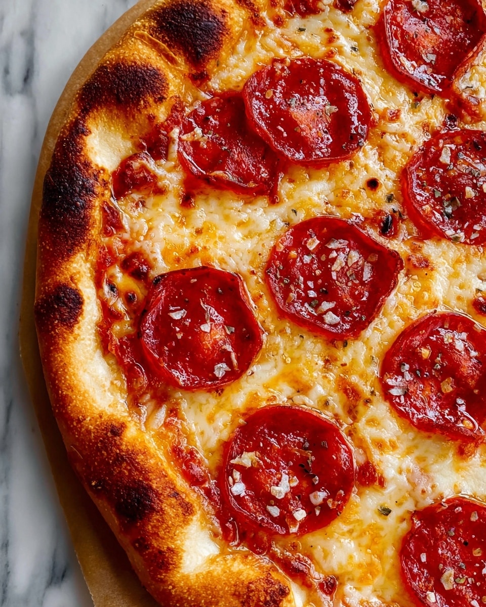 A close-up of a round pizza with a light golden crust showing some dark brown toasted spots around the edges. The pizza has a layer of melted light yellow cheese spread evenly on top of the crust. On top of the cheese are several slices of bright red pepperoni, each with slightly curled edges and small patches of melted cheese with a slightly browned texture on them. The surface beneath the pizza is a white marbled texture. photo taken with an iphone --ar 4:5 --v 7