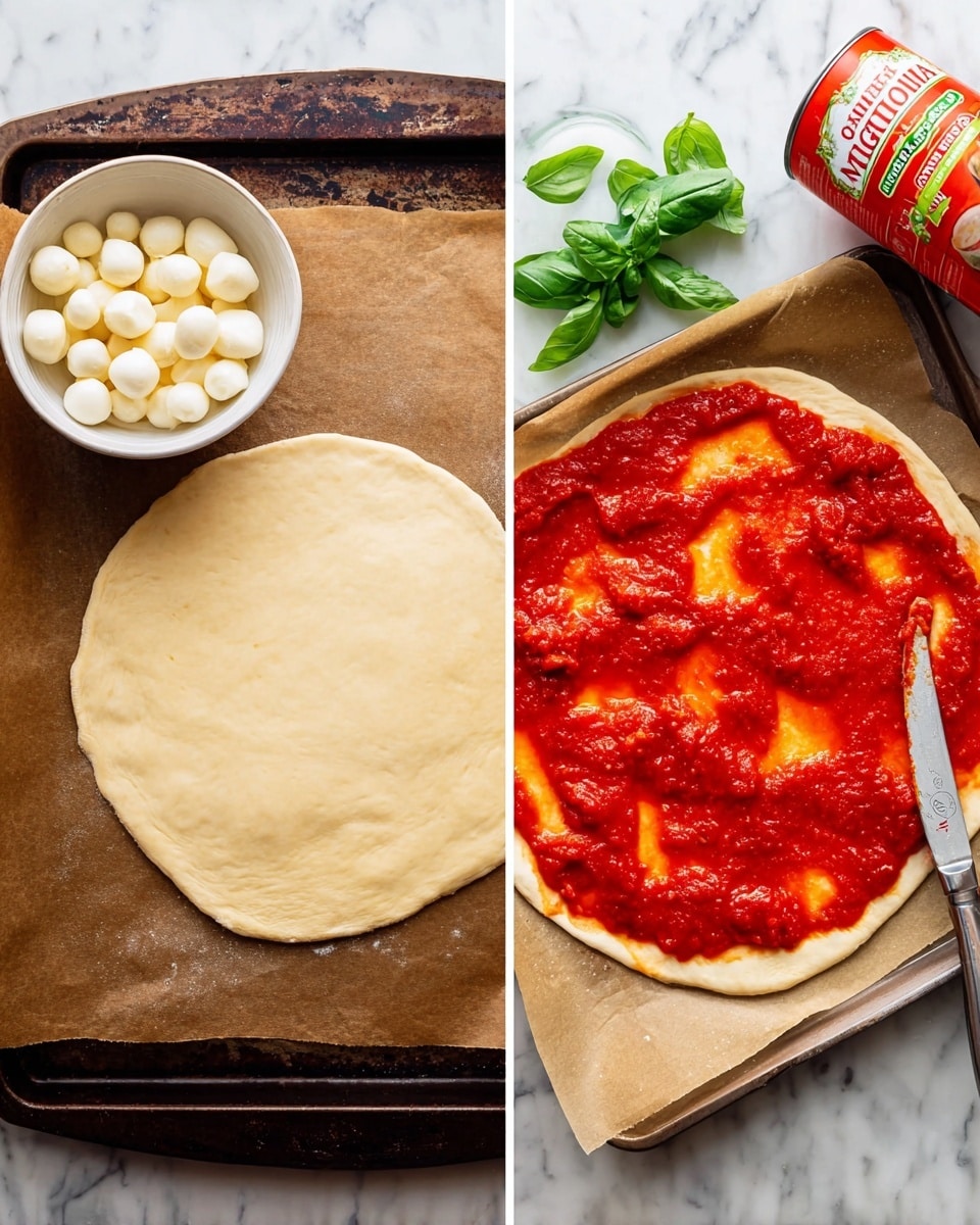 The image shows two scenes side by side. On the left, there is a round pizza dough with a smooth, light beige surface resting on brown parchment paper over a dark baking tray, sitting on a white marbled surface. Next to it, there is a white bowl filled with small white mozzarella balls, a few green fresh basil leaves, and a bright red can of Italian whole peeled tomatoes. On the right, the pizza dough is spread out and topped unevenly with bright red chunky tomato sauce being spread with a silver knife, showing a textured red layer over the light beige dough, all on the same baking tray with parchment paper on the white marbled surface. Photo taken with an iphone --ar 4:5 --v 7
