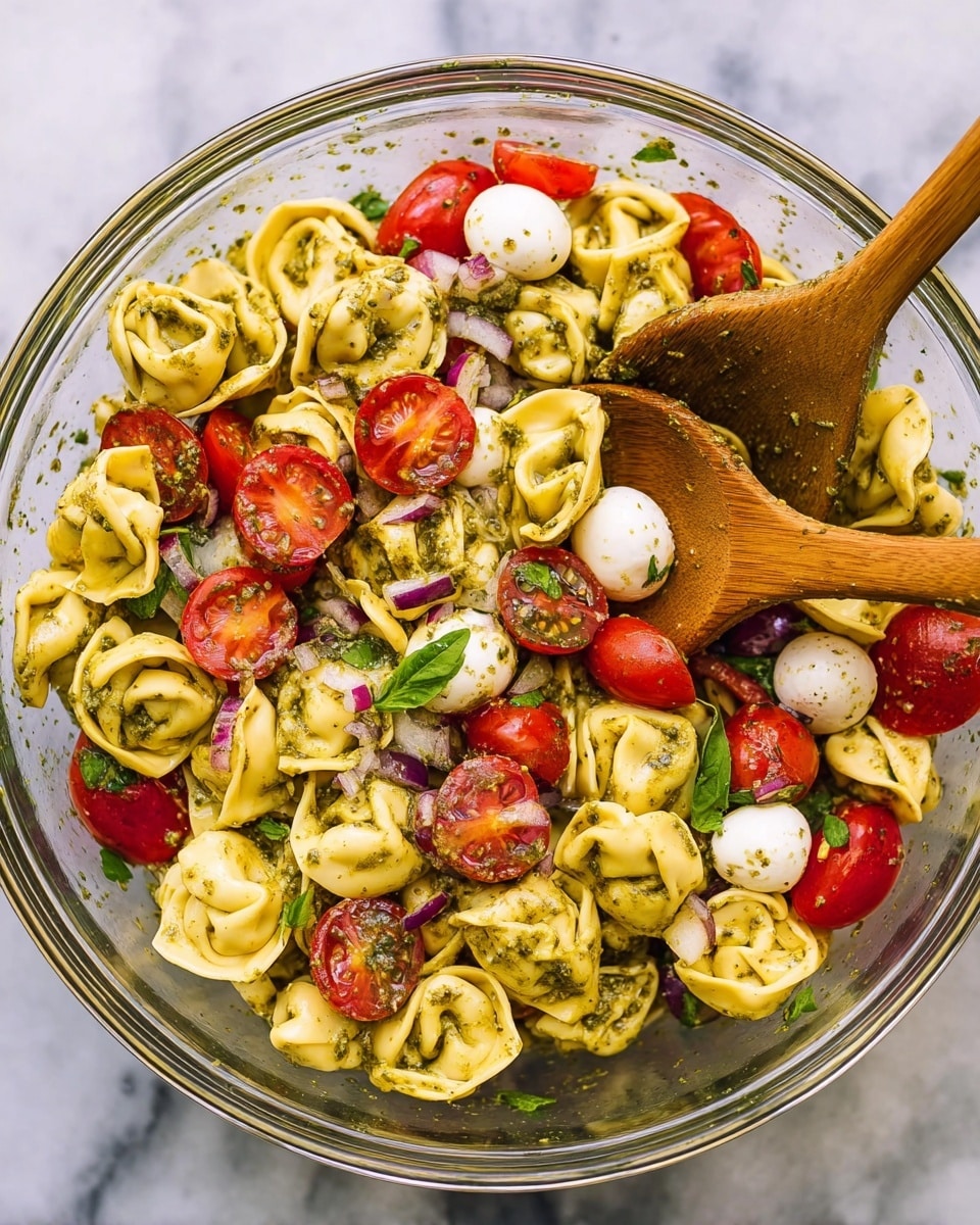 A clear glass bowl filled with three main layers: the base is yellow tortellini pasta swirled with green pesto sauce, mixed with red cherry tomatoes, some whole and some sliced in half, and small white mozzarella balls scattered throughout. Small pieces of green basil leaves and bits of purple onion are spread unevenly on top. Two wooden spoons rest inside the bowl, one on each side, partially buried in the pasta salad. The bowl sits on a white marbled surface. photo taken with an iphone --ar 4:5 --v 7