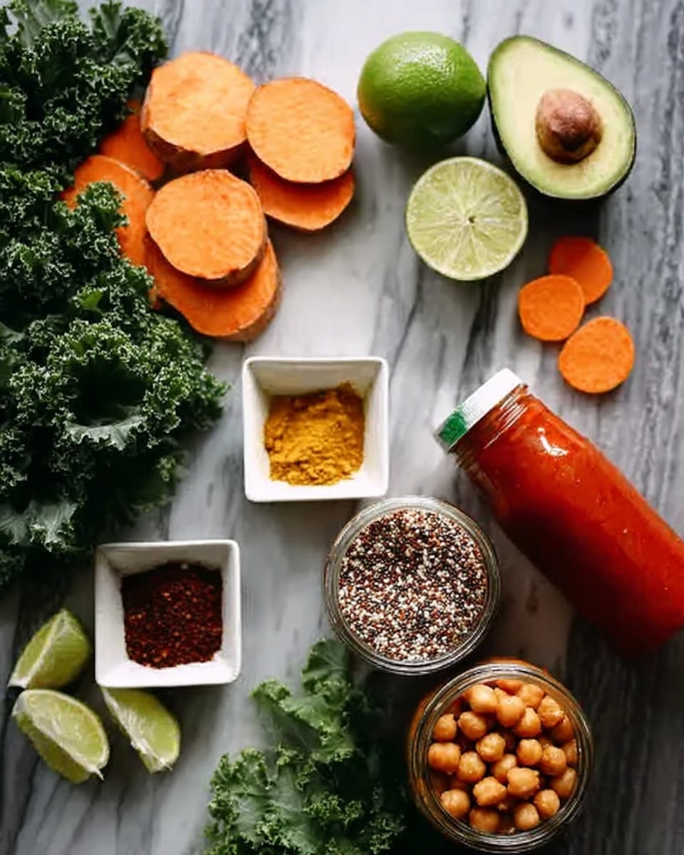The image shows fresh ingredients and jars arranged on a white marbled surface. On the left side, there are slices of orange sweet potatoes, curly kale leaves, a halved lime, a small white square dish filled with dark red spice, a small white square dish filled with yellow curry powder, a halved avocado with the seed still inside, and a few garlic cloves. On the right side, three glass jars are lined up: one contains tri-color quinoa with visible layers of white, black, and red grains; the second jar holds cooked chickpeas, light beige in color; and the third container is a white bottle filled with bright red sriracha sauce with a green cap. Nearby, there are some slices of sweet potato and more kale leaves. The image is bright and colorful, capturing a natural and fresh feel. Photo taken with an iphone --ar 4:5 --v 7
