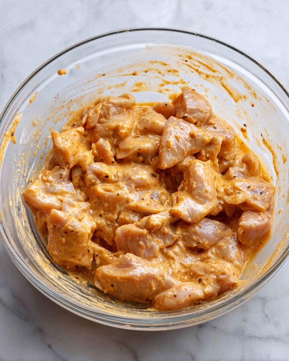 The image shows a clear glass bowl filled with raw pieces of light brown chicken covered in a creamy, orange-colored marinade with visible specks of spices. The bowl is placed on a white marbled surface, and remnants of the marinade cling to the sides of the bowl, showing the mixture's thick and smooth texture. photo taken with an iphone --ar 4:5 --v 7