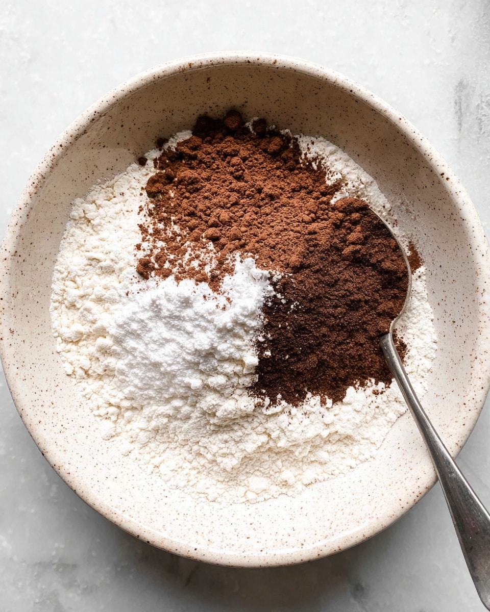 A white speckled bowl holds three main layers of dry ingredients: a base layer of white flour spread evenly across the bottom and sides of the bowl, a pile of dark brown cocoa powder sitting mostly on the right half, and a smaller patch of white baking soda or baking powder dusted in the middle overlapping slightly with the cocoa powder. The bowl rests on a light white marbled surface with a silver spoon visible on the right edge. Photo taken with an iphone --ar 4:5 --v 7