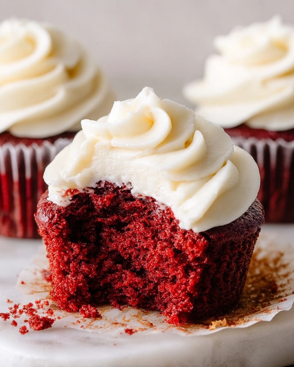 A close-up of a red velvet cupcake with one bite taken out, showing its rich, moist, deep red interior texture. The cupcake is topped with a thick layer of smooth, creamy, white frosting, swirled neatly on top. The cupcake sits on a white marbled surface with a small crumb nearby. In the background, two more red velvet cupcakes with white frosting can be seen slightly out of focus. Photo taken with an iphone --ar 4:5 --v 7