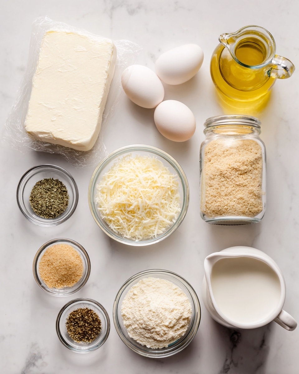 The image shows several cooking ingredients arranged on a white marbled surface. There is a block of mozzarella cheese wrapped in plastic, two white eggs, a glass jar with plain breadcrumbs that are light beige, a small glass bowl of grated parmesan cheese with a light cream color, and small glass bowls containing Italian seasoning which is greenish-brown, garlic powder which is pale yellow, and onion powder which is light yellow. There is also a small pitcher of white milk and a clear plastic bottle of yellow frying oil. The items are spread out neatly with labels placed above or beside each ingredient. photo taken with an iphone --ar 4:5 --v 7