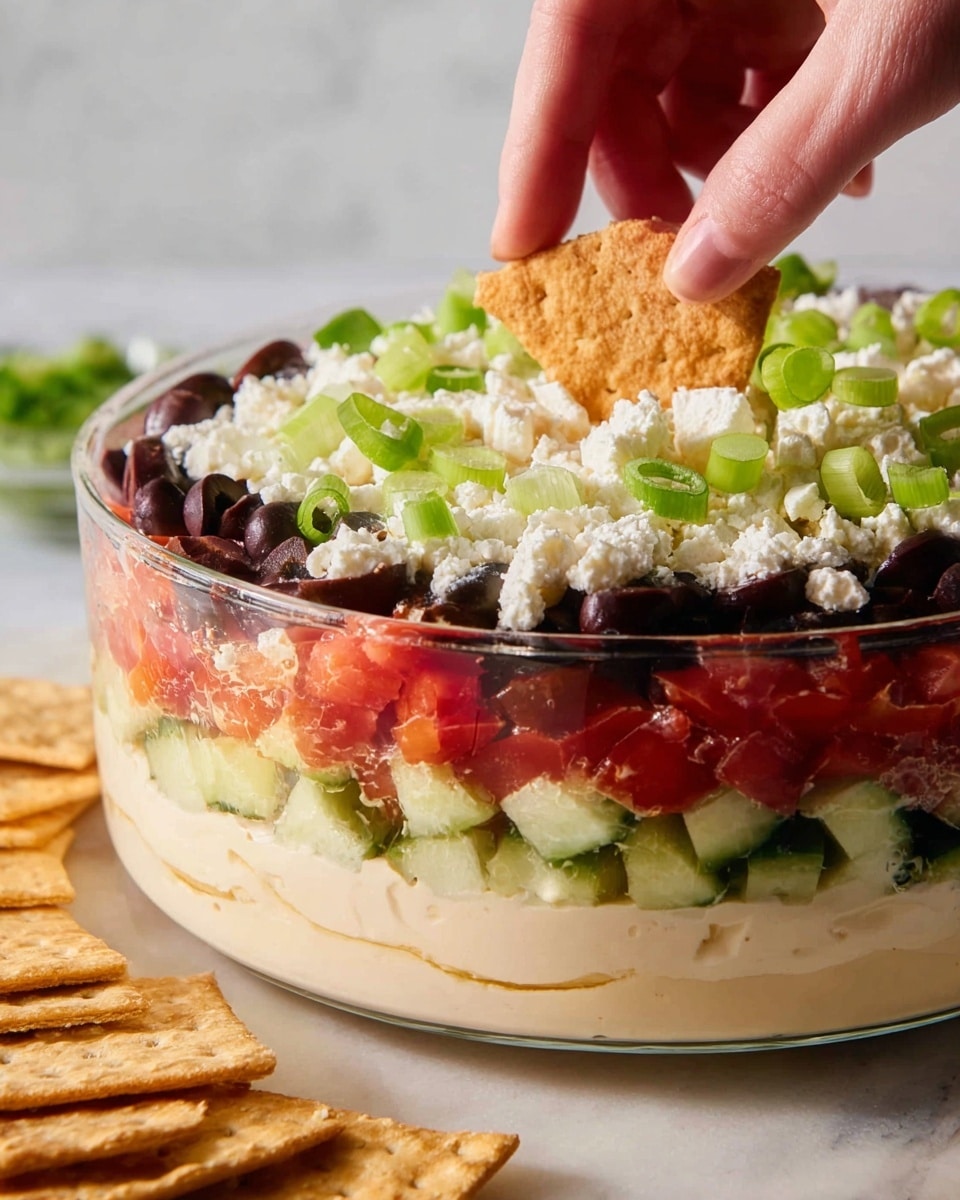 The image shows a clear glass bowl with six visible layers of different colors and textures. The bottom layer is creamy white, smooth and thick. Above it is a thicker light beige layer, creamy and smooth. The third layer is made of small green cucumber chunks. The fourth layer has bright red tomato pieces. On top of the tomatoes, there is a layer of chopped dark black olives. The fifth layer is crumbly white cheese spread evenly on top. The top layer is made up of thin slices of green onion spread all over. A woman's hand is holding a triangular light brown cracker above the bowl with some of each topping on it. The bowl sits on a white marbled surface with more crackers nearby photo taken with an iphone --ar 4:5 --v 7