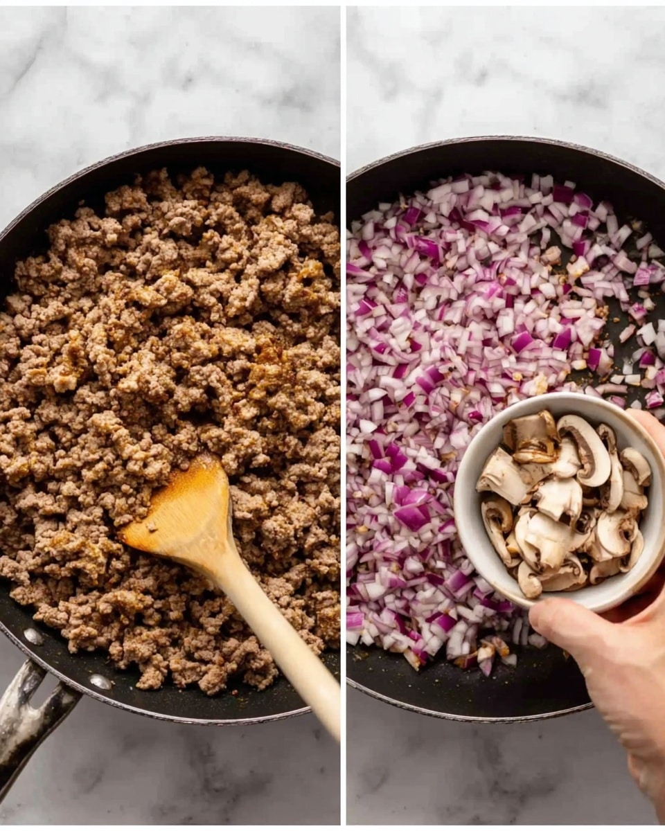 The first image shows a close-up of cooked ground meat in a black pan, with a woman's hand stirring it using a light brown wooden spoon. The meat is brown and crumbly, filling the pan evenly. The second image shows the same black pan, now containing chopped red onions and pieces of mushrooms being added from a small white bowl held by a woman's hand. The background is a white marbled texture. photo taken with an iphone --ar 4:5 --v 7