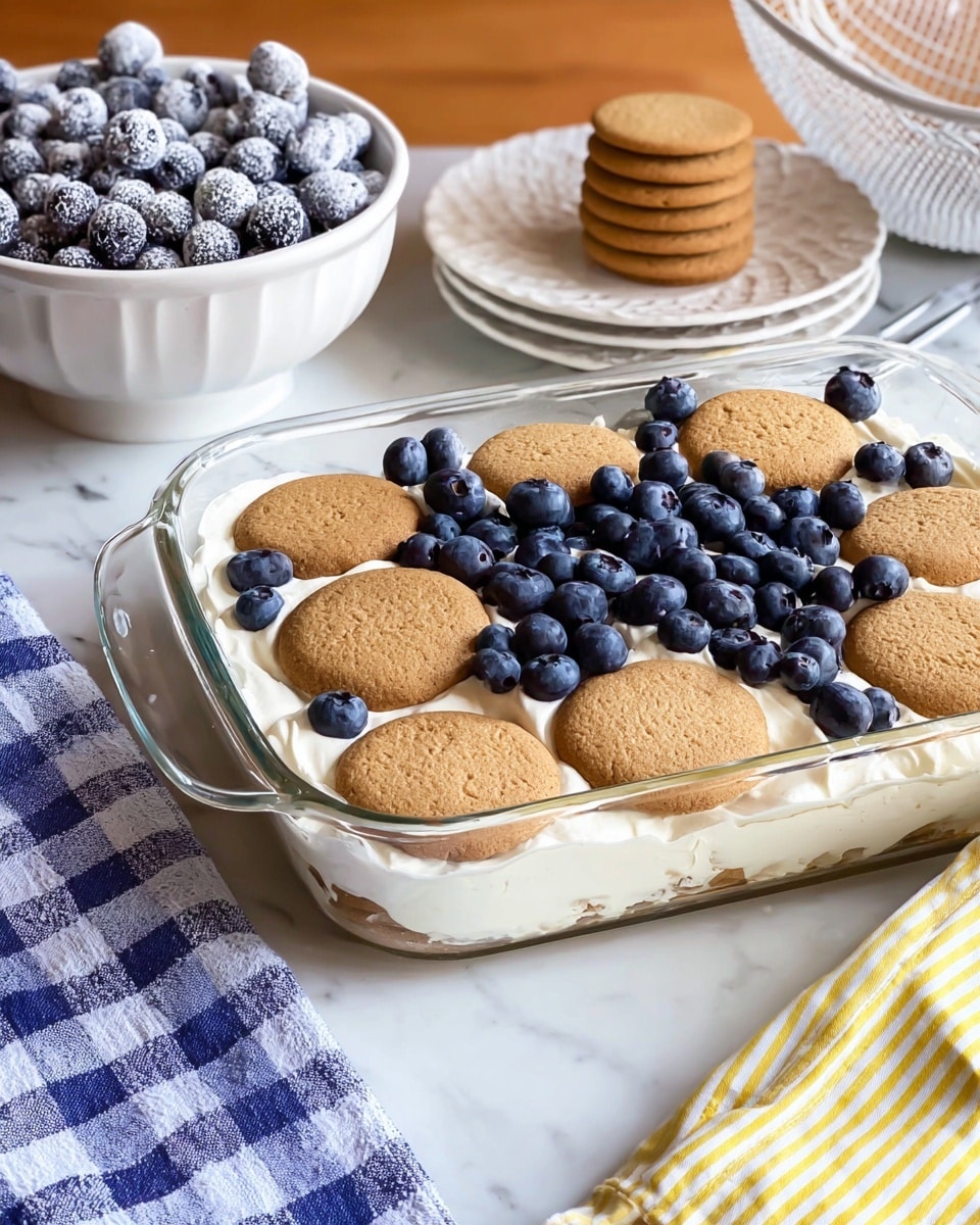 The image shows a clear glass baking dish filled with a dessert being made in layers. The bottom layer is white and creamy, spread evenly across the dish. On top of this, there are scattered fresh blueberries that are dark blue with a shiny texture. Over the blueberries, round tan cookies are placed in a single layer, covering most of the surface. In the background, to the left, there is a white bowl filled with blueberries coated in white sugar, and just behind that, another white plate holds a small stack of more tan cookies. To the right, a folded yellow and white striped cloth and a blue and white checkered cloth rest on the surface, which has a white marbled texture. Part of a white colander is also visible on the far right side. The scene is bright and looks fresh and inviting. photo taken with an iphone --ar 4:5 --v 7