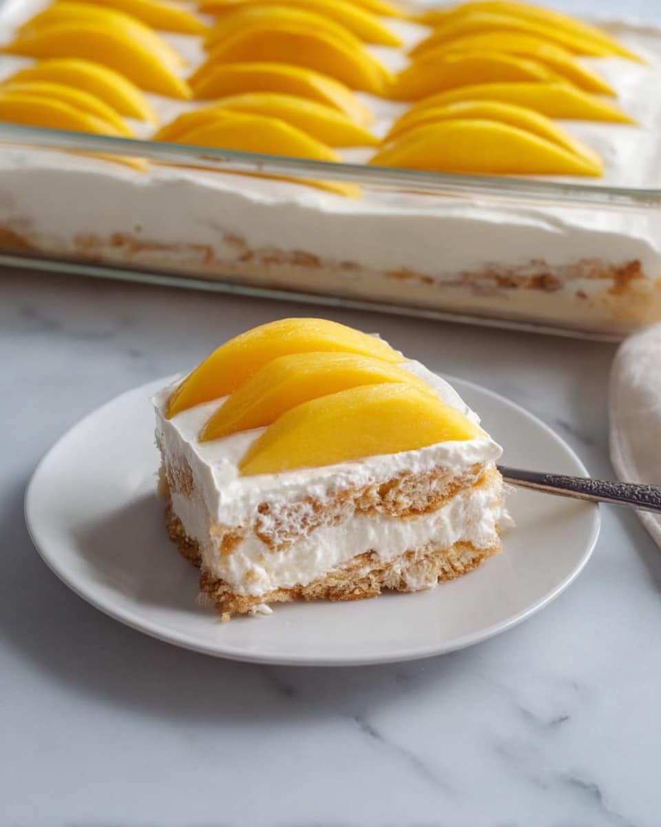 The image shows a close-up view of a dessert with two layers. The bottom layer is a thick, smooth white cream spread evenly over the entire surface. On top, there are many thin slices of bright yellow mango placed in diagonal rows, slightly overlapping each other but still showing the white cream between the slices. The background surface is a white marbled texture. Photo taken with an iphone --ar 4:5 --v 7