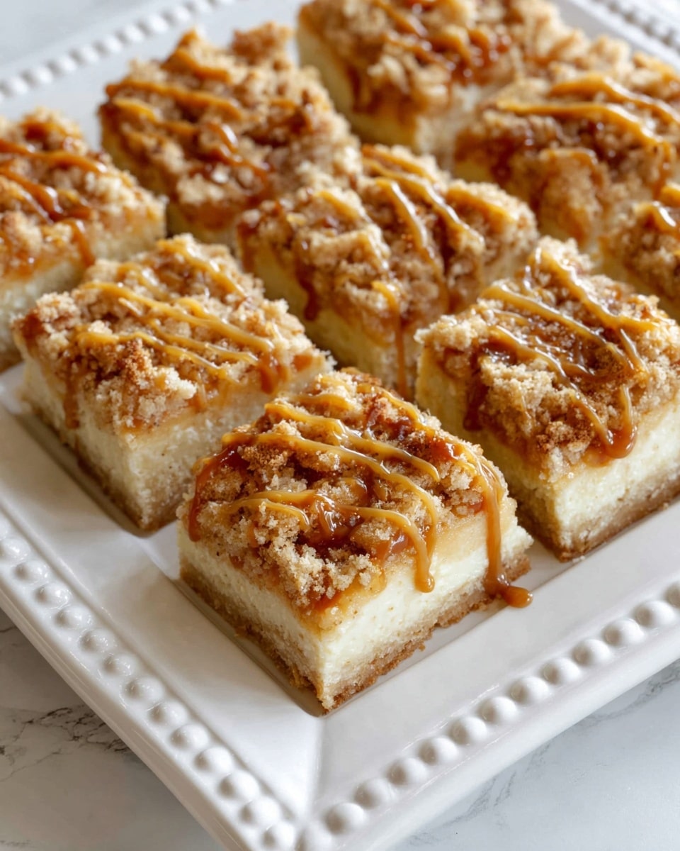 The image shows a white square tray filled with rectangular dessert bars arranged closely together. Each bar has three distinct layers: a light beige base layer that looks soft and cake-like, a middle creamy layer that is pale yellow, and a top crumbly layer of golden-brown streusel with crunchy pieces. On top, a golden caramel sauce is drizzled in thin, uneven lines across all the bars, giving a glossy finish. The white tray has a detailed textured edge and sits on a white marbled surface. Photo taken with an iphone --ar 4:5 --v 7