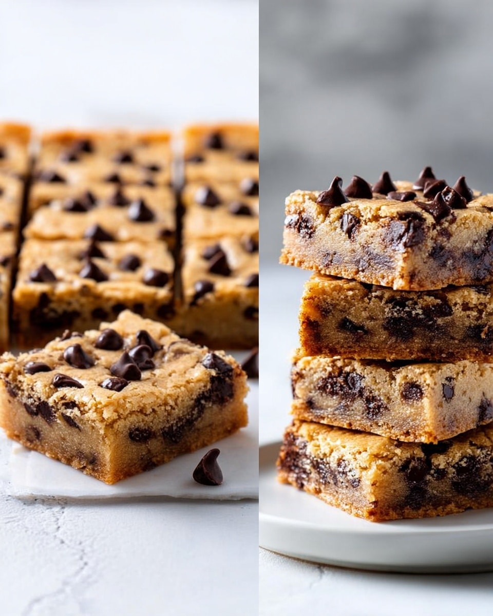 The image shows square cookie bars with a golden brown top layer dotted with dark chocolate chips, sitting on a white marbled surface with a smooth, slightly cracked texture. The sides reveal a thick, dense middle layer speckled with more chocolate chips inside the light brown dough. On the right side, four cookie bars are stacked unevenly on a plain white plate, showing the three distinct layers from top to bottom: a shiny golden top, a dense light brown inside full of chocolate chips, and a slightly darker bottom crust. The background is a soft white with blurred gray tones, creating a simple, clean look. Photo taken with an iphone --ar 4:5 --v 7