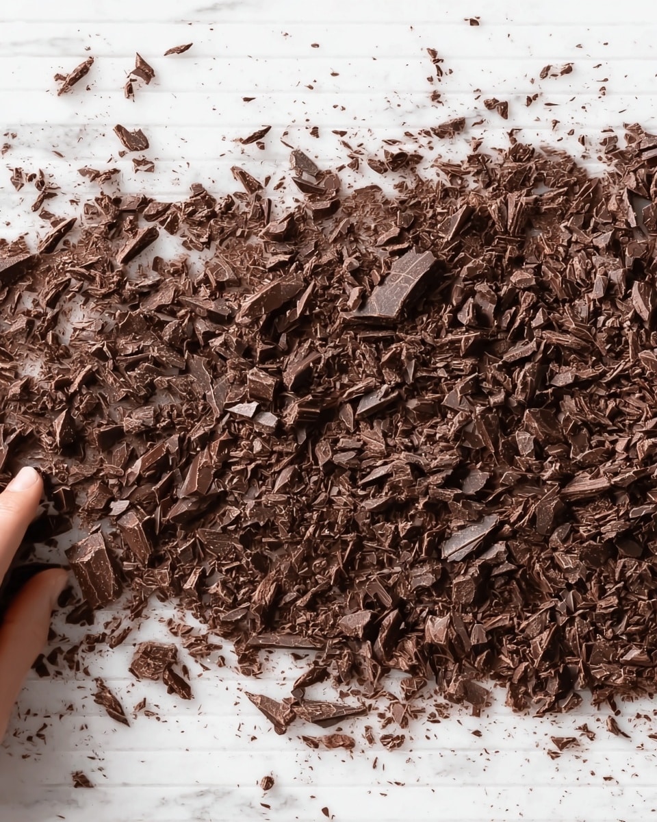 A large pile of finely chopped dark chocolate pieces spread across a white marbled surface. The chocolate pieces are small to medium-sized with irregular shapes and rough edges. The texture of the chocolate is solid and slightly shiny. A woman's hand is visible near the bottom left, gently holding or moving some of the chocolate shards. The white marbled surface creates a clean and bright background that contrasts with the rich brown color of the chocolate. photo taken with an iphone --ar 4:5 --v 7