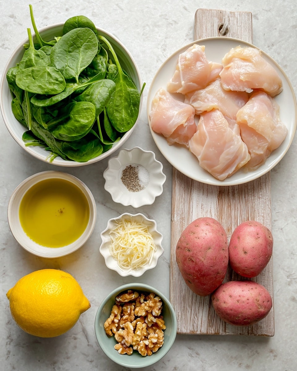 An overhead view of various raw ingredients arranged neatly on a white marbled surface: at the bottom left, there is a white bowl full of fresh, bright green spinach leaves with a shiny texture; above that, a white plate holds several pale pink pieces of raw chicken with a smooth, moist look; to the right, a wooden cutting board displays a bright yellow lemon next to four red-skinned potatoes with a rough surface; above the cutting board, a small white bowl contains golden yellow olive oil; next to it, a white scalloped dish holds a small amount of salt and pepper; another white scalloped dish beside it contains a pale yellow powder; above, a third white scalloped dish holds a pile of light brown walnuts; and finally, a small light gray bowl in the center holds shredded white cheese with fine, thin strands. photo taken with an iphone --ar 4:5 --v 7
