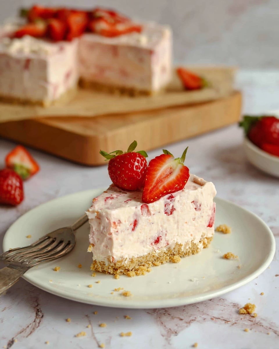The image shows a two-layer strawberry dessert on a white plate with a fork beside it. The bottom layer is light brown with a crumbly texture, likely a biscuit or cookie base. The top layer is thick, creamy, and pale pink with small bits of red strawberry mixed throughout. There is a whole red strawberry and a sliced strawberry piece placed on top of the dessert slice. In the background, the remaining dessert is on a wooden block covered with parchment paper. The surface under the plate and dessert is a white marbled texture with some scattered crumbs. Photo taken with an iphone --ar 4:5 --v 7