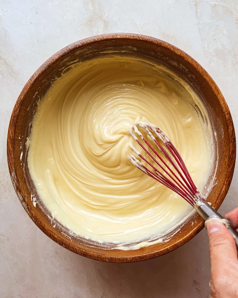 A wooden bowl filled with smooth, creamy, pale yellow batter is being mixed with a red and silver whisk held by a woman's hand on the left side. The batter has thick, even swirls made by the whisk, showing a dense and soft texture. Some batter spills slightly over the bowl's edges, adding a natural touch. The bowl is placed on a white marbled surface. photo taken with an iphone --ar 4:5 --v 7