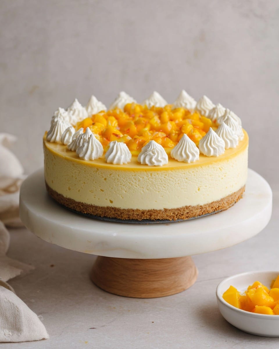 The image shows a round cheesecake with three main layers: a crumbly light brown base at the bottom, a thick pale yellow creamy middle layer, and a thinner bright orange layer on top. Around the edge of the cheesecake’s top are evenly spaced, white swirled whipped cream dollops, creating a ring. The center of the top is filled with small, bright orange fruit pieces, likely mango, adding texture and color contrast. The cake sits on a white marble cake stand with a wooden base, placed on a white marbled surface, with a small white dish of extra mango pieces nearby. photo taken with an iphone --ar 4:5 --v 7