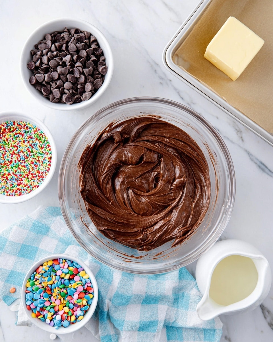 A clear glass bowl sits on a white marbled surface, filled with smooth, rich dark brown chocolate batter with swirled texture on top, showing thick and creamy consistency; around it are smaller white bowls, one filled with small, shiny dark brown chocolate chips, another with small round colorful candy sprinkles in bright red, green, blue, yellow, and pink, a third bowl with a small light yellow square of butter, and a white pitcher containing a light creamy liquid; a glass baking pan lined with parchment paper is placed near the bowls, while a light blue and white checkered cloth is spread beneath the setup, photo taken with an iphone --ar 4:5 --v 7