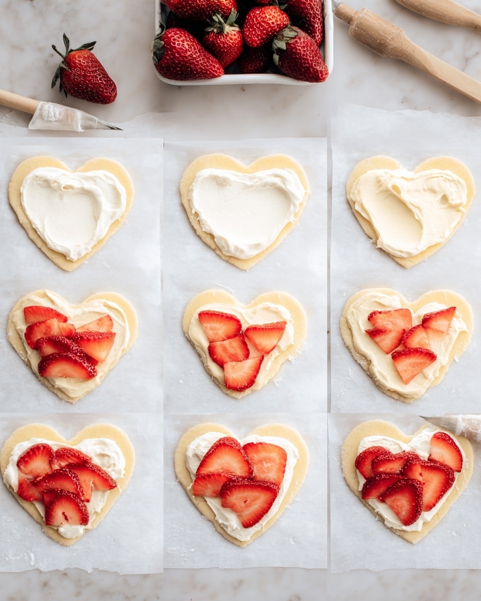 The image shows nine heart-shaped dough bases arranged in three rows on white parchment paper over a white marbled surface. Each dough heart has a smooth, pale yellow color with a slightly floured texture. On the first row, two of the dough hearts are evenly spread with a creamy white layer, while the third heart has the white creamy layer topped with bright red sliced strawberries. The second row shows dough hearts with the creamy layer spread in varying thicknesses; one heart is being spread by a woman's hand with a spatula. Some strawberries are placed on top of the creamy layer on two hearts in this row. The bottom row features dough hearts, most of which have a creamy layer spread thinly, with one heart topped with strawberries. There is a white rectangular dish with fresh whole strawberries at the top left corner and a wooden brush with a dough rolling pin near the top right. The colors are soft and fresh with a neat, clean look. photo taken with an iphone --ar 4:5 --v 7