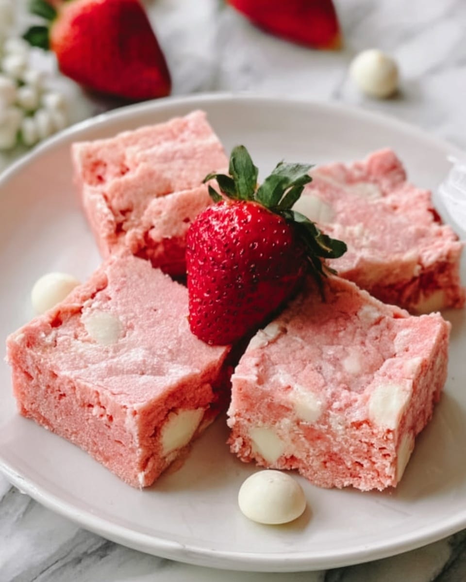 The image shows a white plate with five square-shaped pink bars arranged around a fresh red strawberry with green leaves in the center. Each bar has a soft, crumbly texture with visible white chunks inside, and they have small grooves on their tops. Scattered around the plate are a few white round pieces, adding contrast. The plate sits on a white marbled surface. photo taken with an iphone --ar 4:5 --v 7