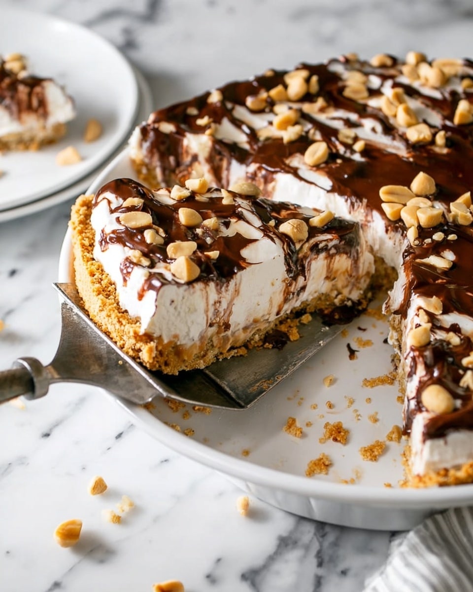 A slice of pie with three visible layers sits on a silver pie server above a white pie plate; the bottom layer is a crumbly golden brown crust, the middle layer is creamy white, and the top layer is covered with thick chocolate drizzle and scattered light brown peanuts. The pie is shown with one slice removed, revealing the smooth textures of the filling and crust. The pie plate rests on a white marbled surface with a few loose peanuts scattered nearby. Photo taken with an iphone --ar 4:5 --v 7